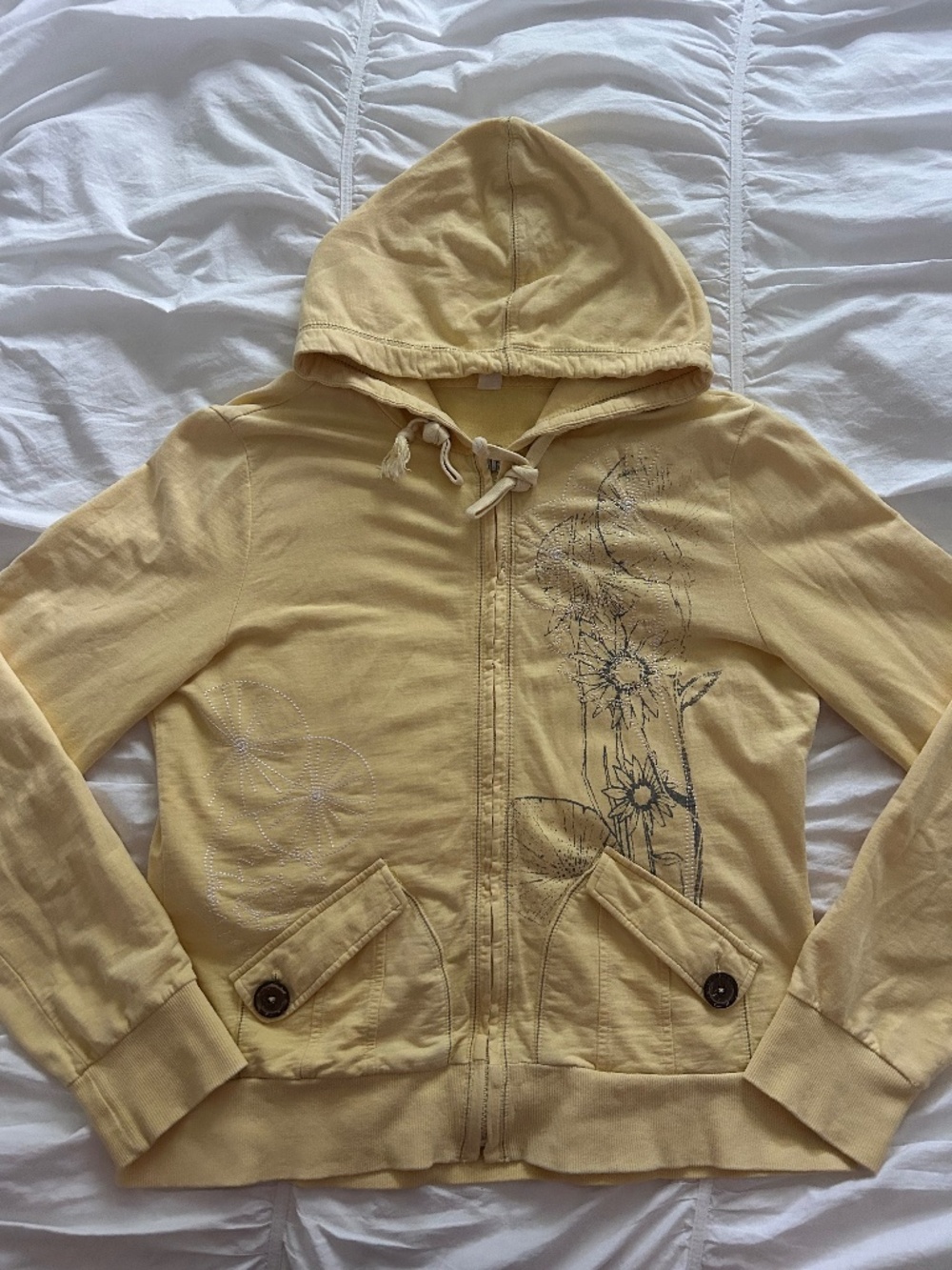 Vintage Butter Yellow Embroidered Zip Up Hoodie